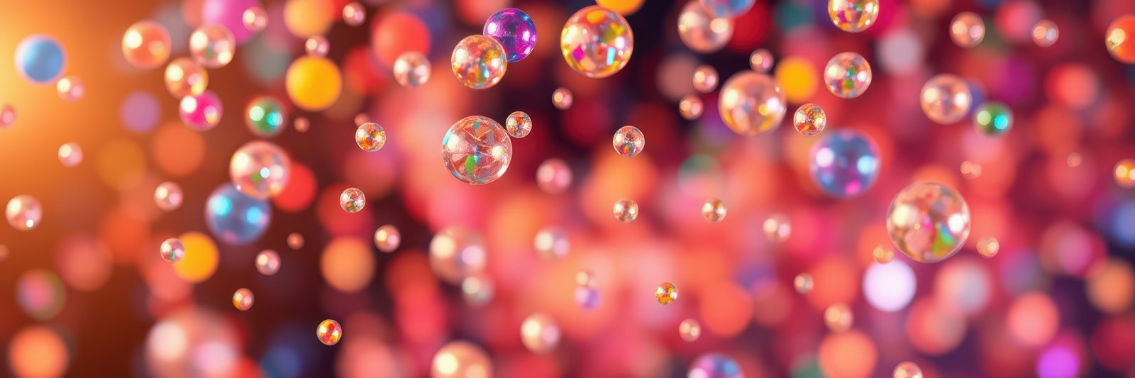 Colorful soap bubbles floating in a vibrant space with bright lights and blurred background